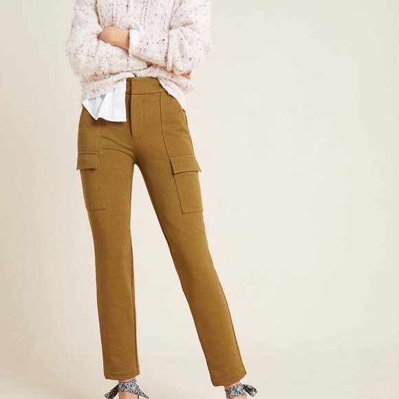 By Anthropologie The Essential Slim Knit Cargo Pants Olive Green Trousers Sz 4 - Picture 1 of 14